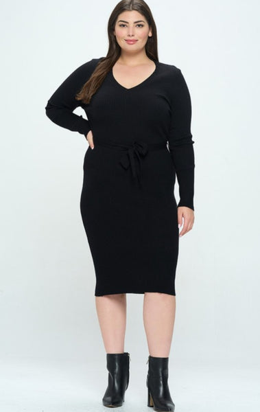 Rib Knit Belted Dress (Plus)